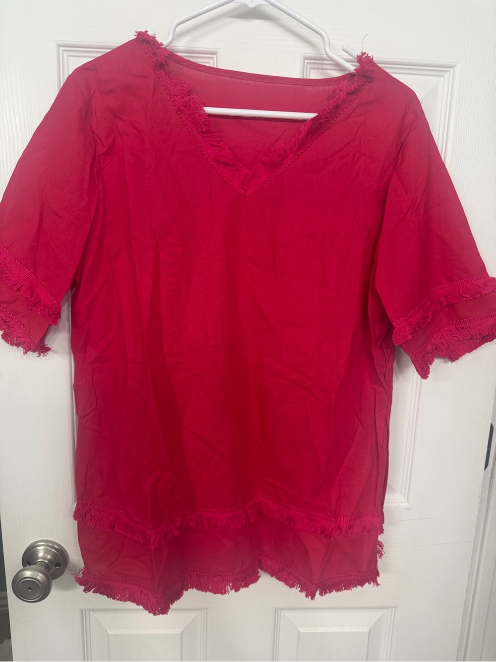 Women’s Red Fringe Trim V-Neck Top
